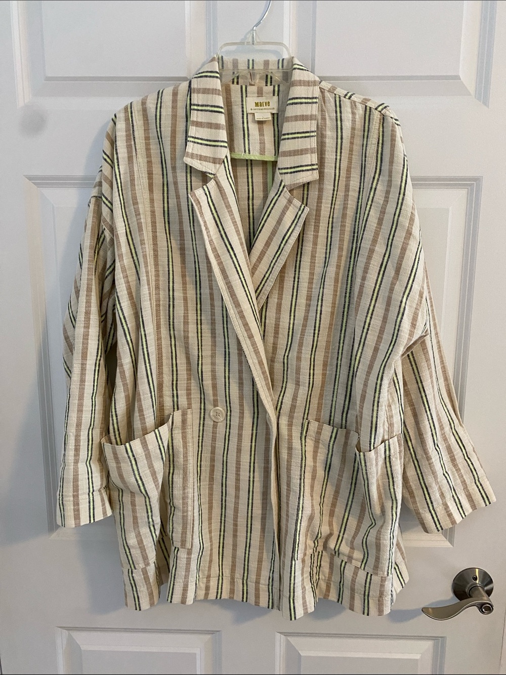 Anthropologie Maeve Striped Cotton Coat Oversized Beige Green Navy L